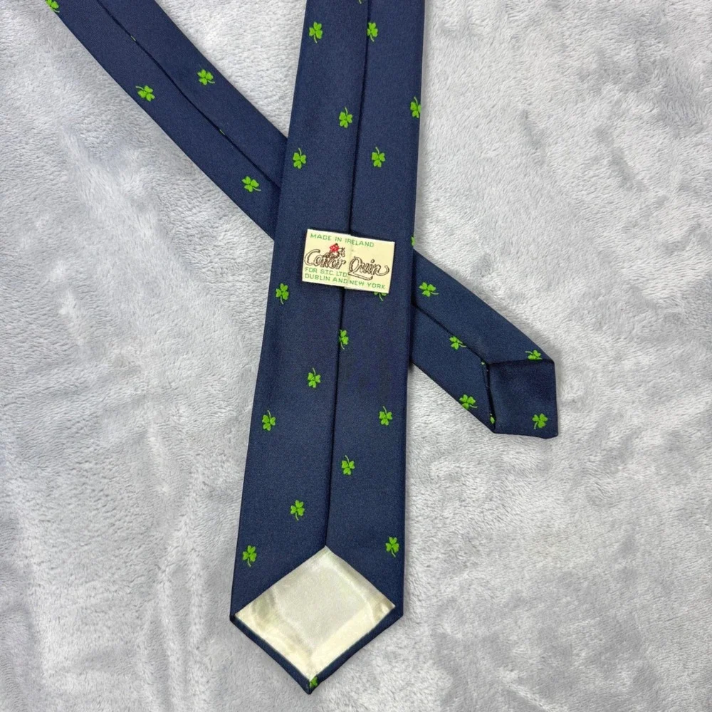 Conor Quin Vintage Shamrock Tie Mens Navy Green Irish Handmade Geometric Ireland